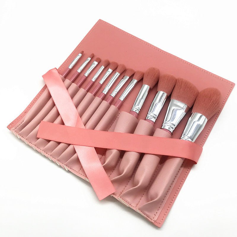 Pink Makeup Brush Set, 12pcs with leather bag