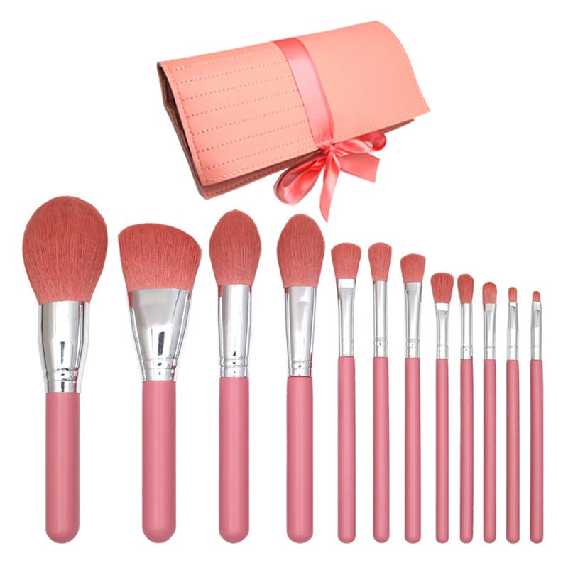 Ensemble de pinceaux de maquillage rose, 12 pièces avec étui en cuir