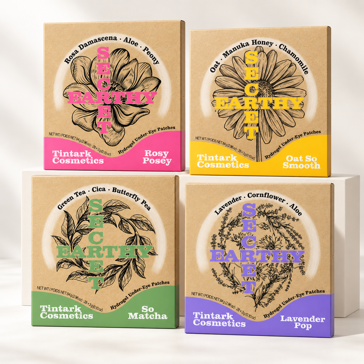 TINTARK Earthy Secret Hydrogel Eye Patches Set – Rose, Oat, Matcha & Lavender, 112 Pairs